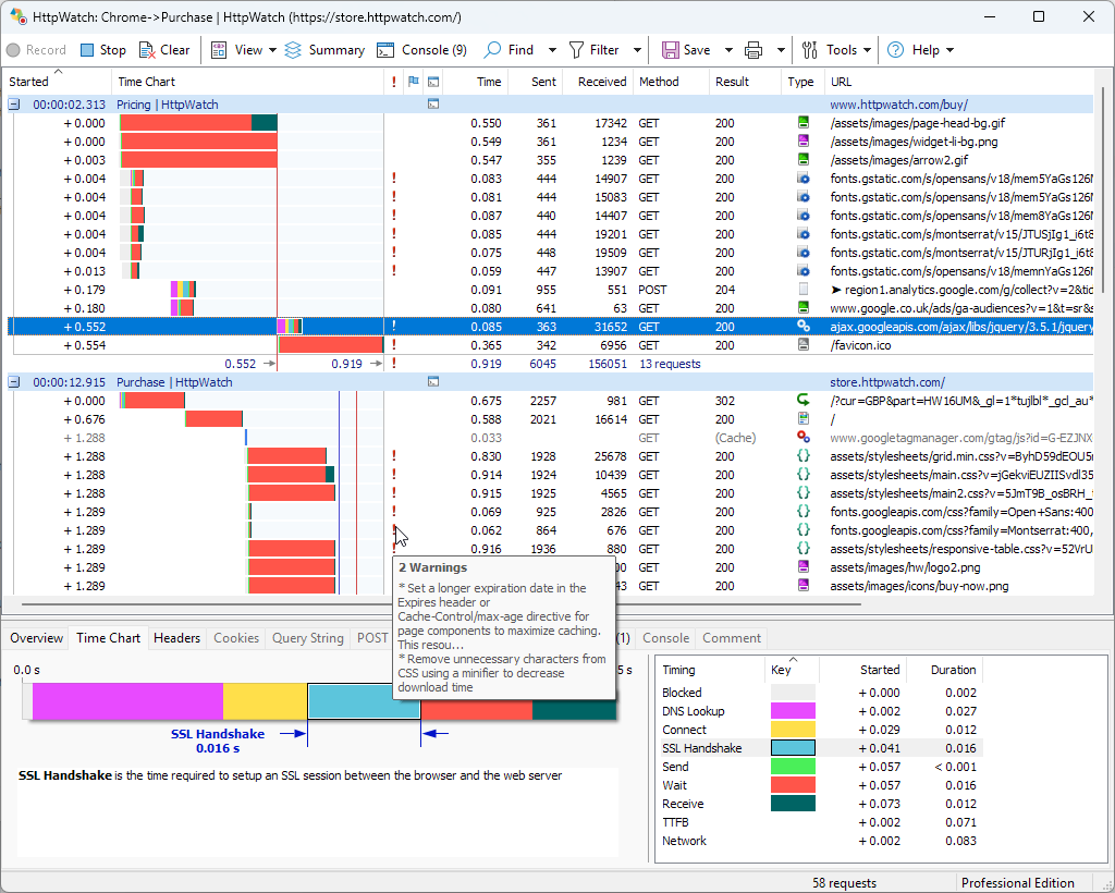 HttpWatch showing requests grouped by page, a warnings tip for a flagged request, and the selected request's time chart and timings in the details pane